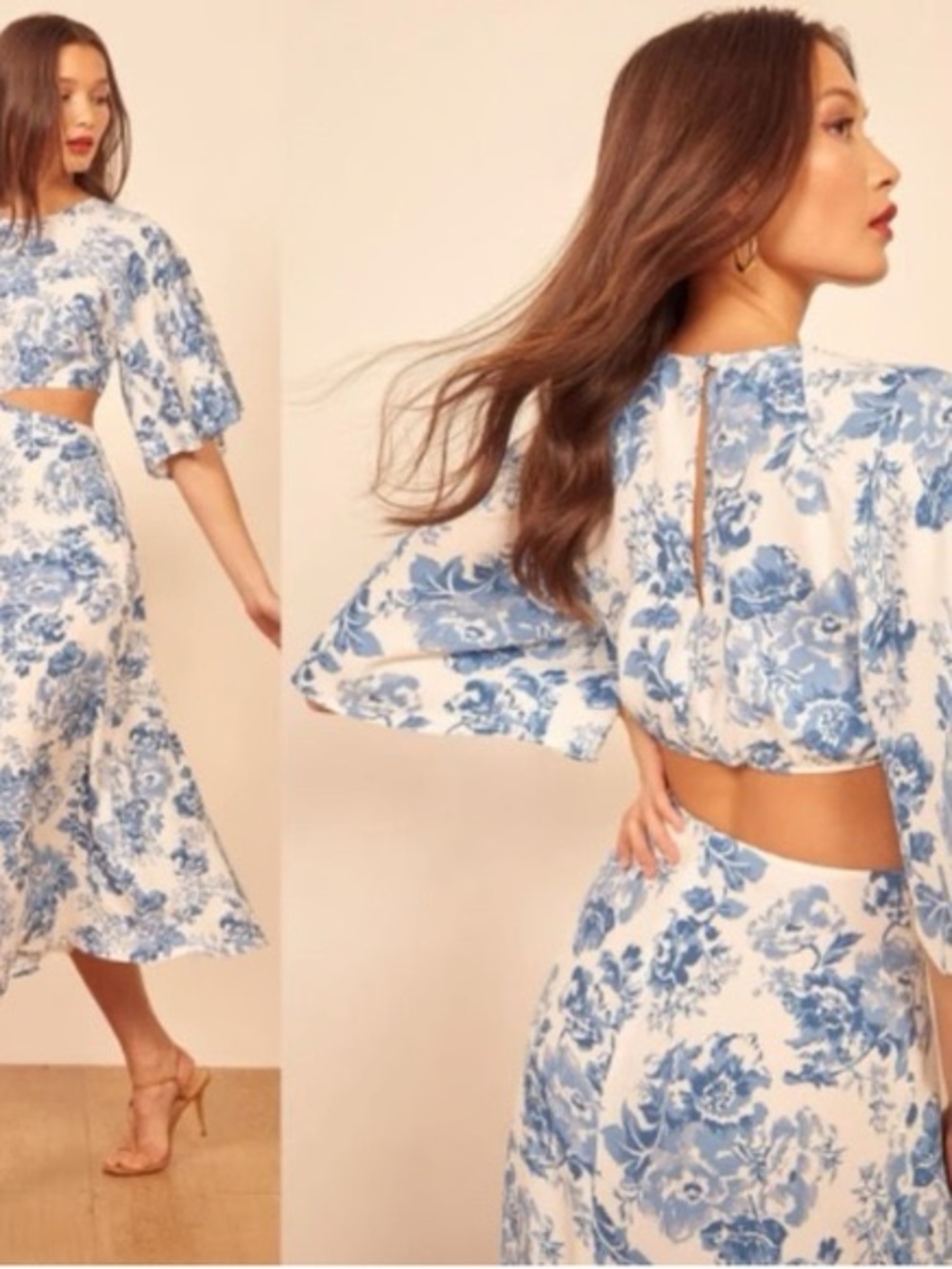 Reformation White and Blue Floral Cutout Midi Dress
